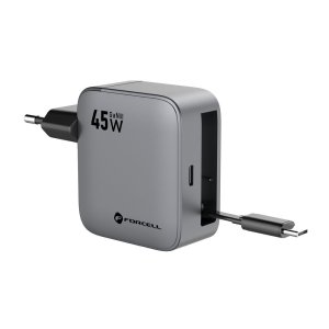 Nabíječka do zásuvky Forcell F-Energy GaN USB C + zatahovací kabel USB C QC4.0 PD 45W, šedá