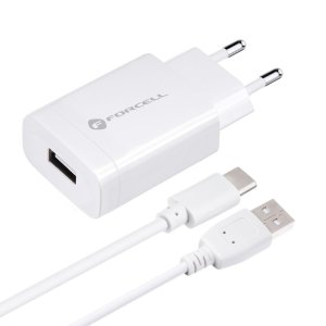 Nabíječka telefonu Forcell F-Energy USB A QC3.0 PD 18W + kabel USB A na USB C, bílá