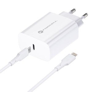 Nabíječka do zásuvky Forcell F-Energy USB C QC4.0 PD 20W + kabel USB C na Lightning, bílá