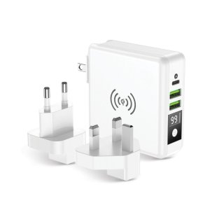 Multifunkční nabíječka Forcell F-Energy 4v1, konektory UK, EU, US, 2x USB A + USB C, indukce 15W, powerbank 8000mAh, bílá