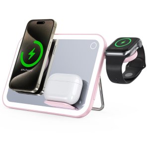 Bezdrátová nabíječka Forcell F-Energy Mag Mirror 3v1, C Qi2 15W kompatibilní s MagSafe, Apple Watch, Samsung Watch, růžová