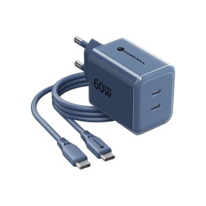 Nabíječka Forcell F-Energy GaN III Crystal Color 2x USB C AVS SSFC2.0 60W + kabel USB C na USB C, tmavě modrá