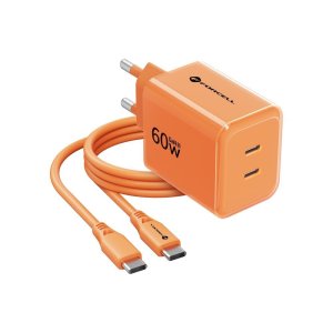 Nabíječka Forcell F-Energy GaN III Crystal Color 2x USB C AVS SSFC2.0 60W + kabel USB C na USB C, oranžová