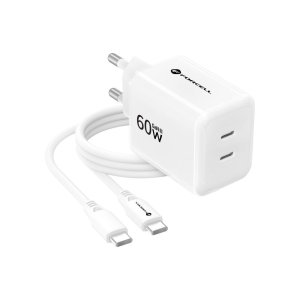 Nabíječka Forcell F-Energy GaN III Crystal Color 2x USB C AVS SSFC2.0 60W + kabel USB C na USB C, bílá