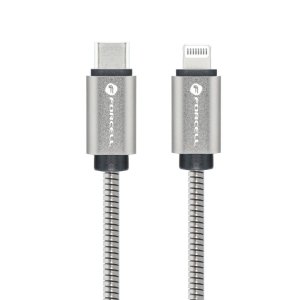Datový kabel Forcell Metal, USB C na Lightning, QC 3.0, PD 27W, délka 1m, barva stříbrná