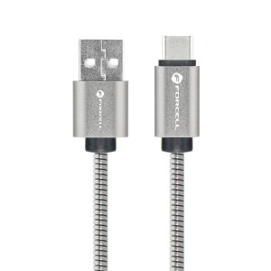 Datový kabel Forcell Metal, USB A na USB C, 2,4A, délka 1m, barva stříbrná
